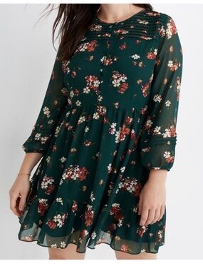 Madewell Green Floral Long-Sleeve Swing Dress